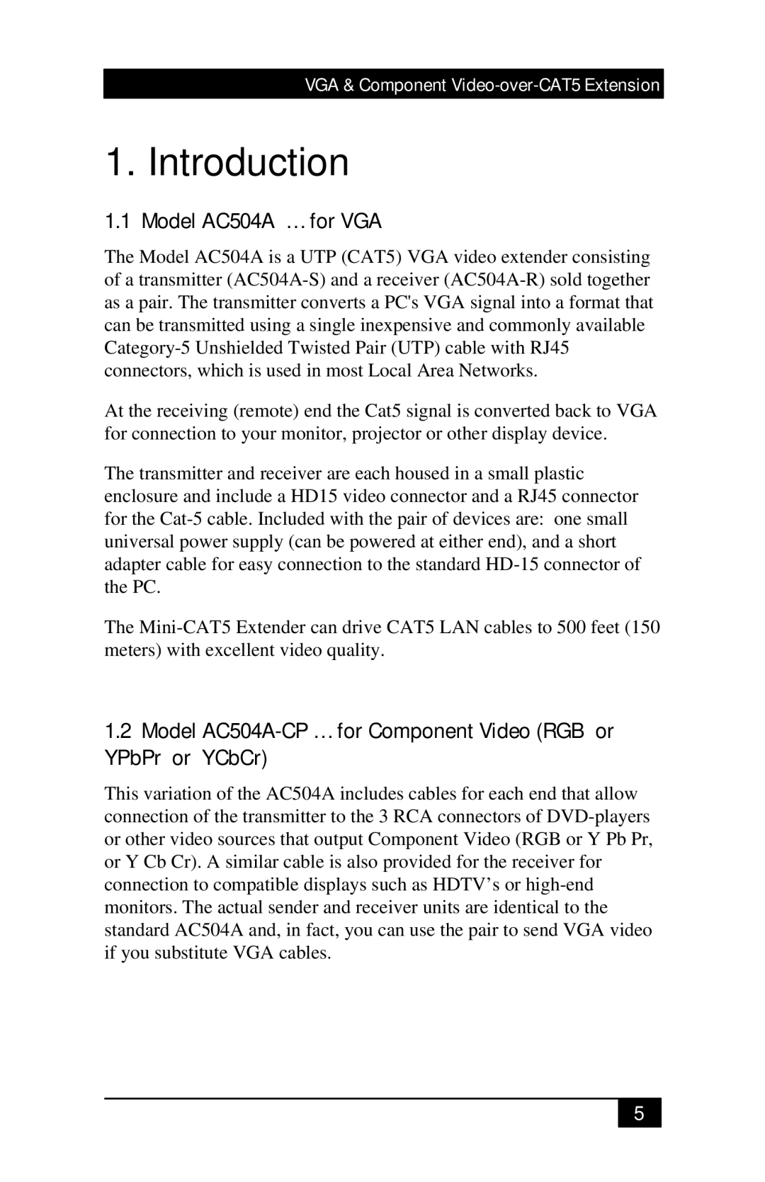 Black Box manual Introduction, Model AC504A … for VGA, Model AC504A-CP … for Component Video RGB or YPbPr or YCbCr 