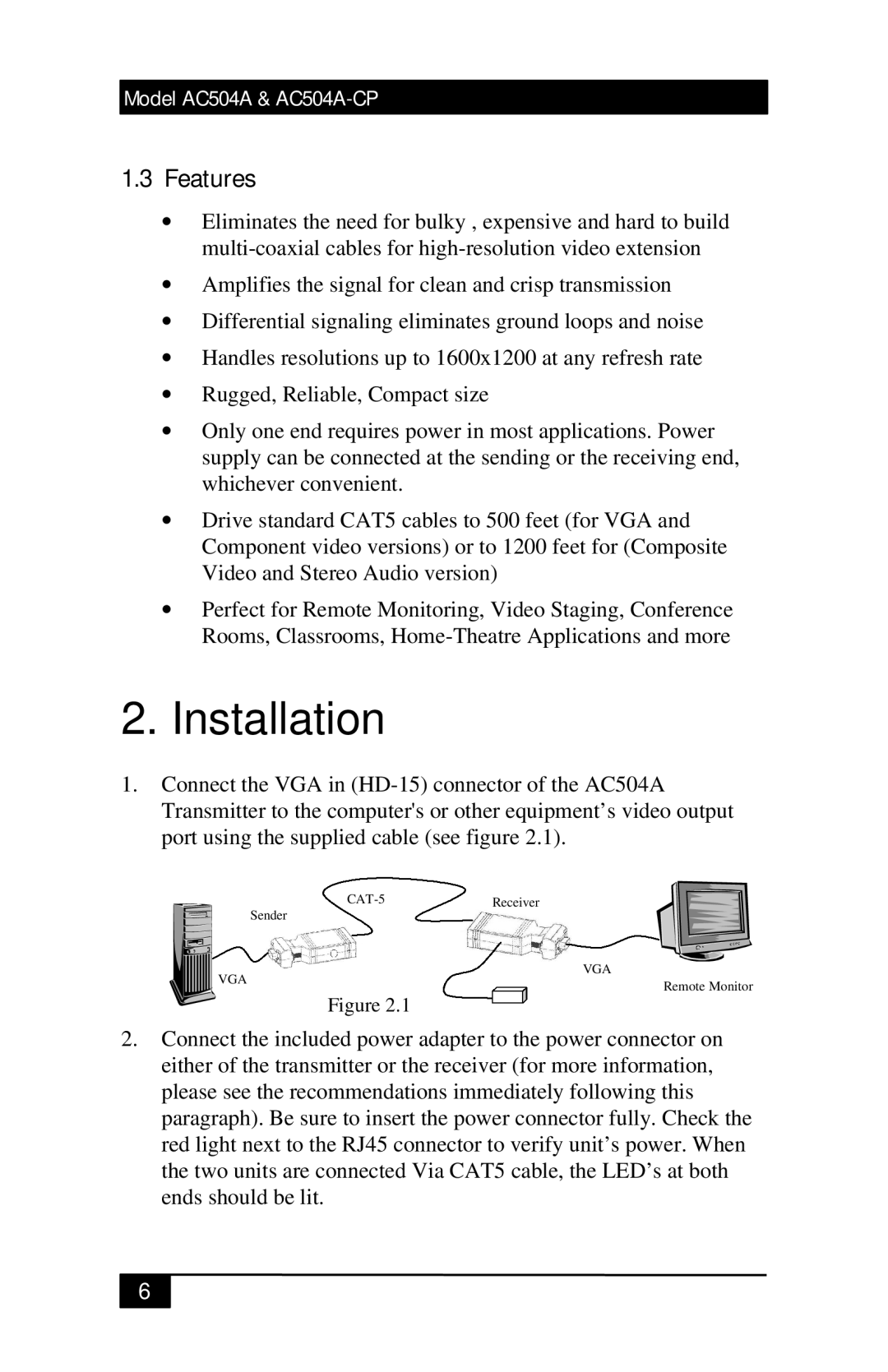 Black Box AC504A-CP, Mini-CAT5 Video-over-CAT5 Extension manual Installation, Features 