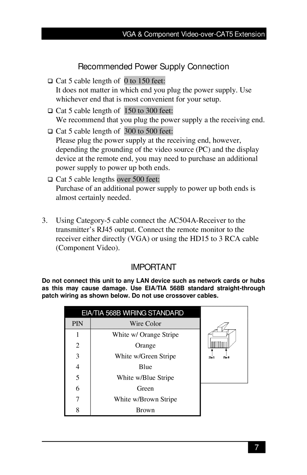 Black Box Mini-CAT5 Video-over-CAT5 Extension, AC504A-CP Recommended Power Supply Connection, EIA/TIA 568B Wiring Standard 