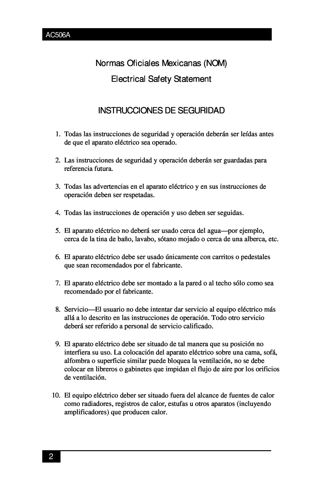 Black Box AC506A manual Normas Oficiales Mexicanas NOM Electrical Safety Statement, Instrucciones De Seguridad 