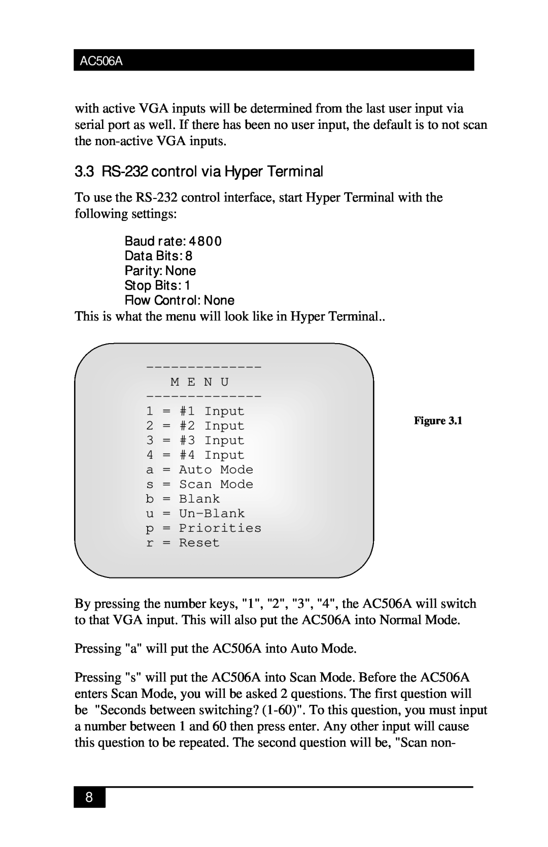 Black Box AC506A manual 3.3 RS-232 control via Hyper Terminal 