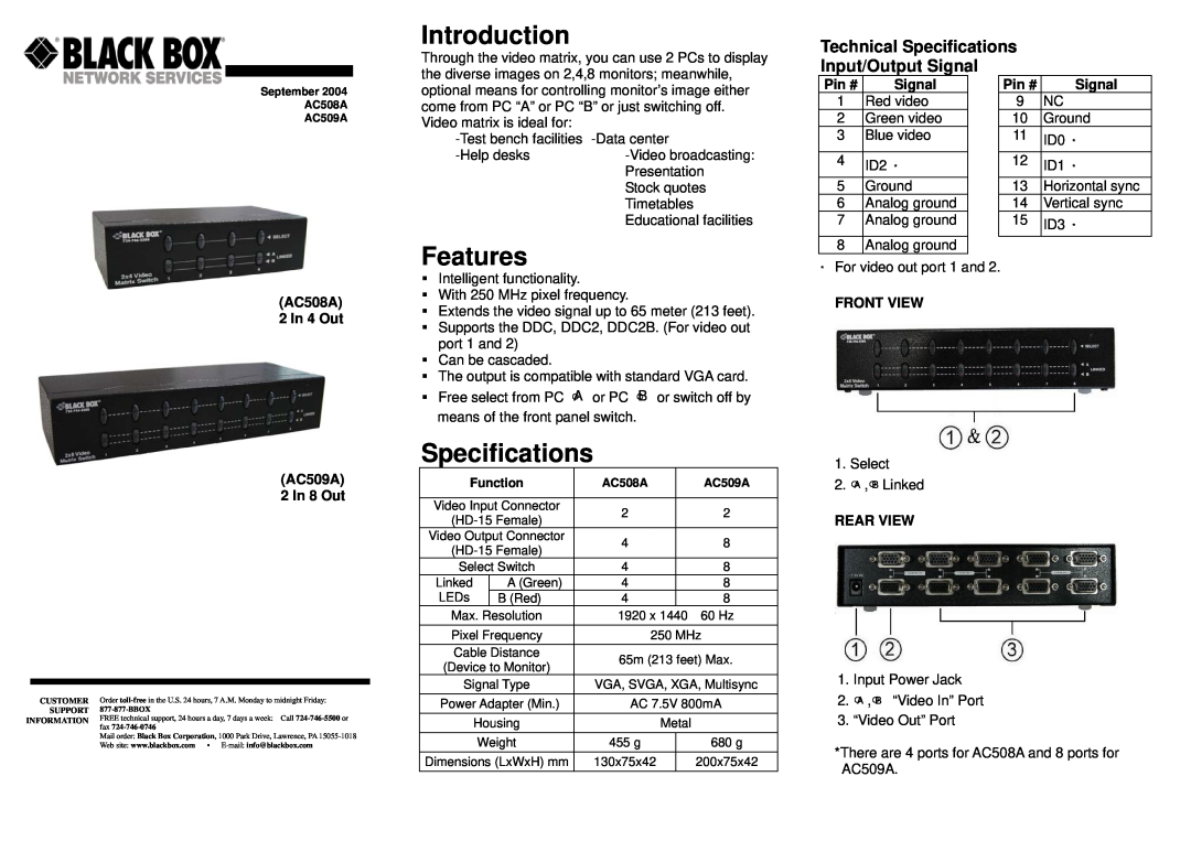 Black Box AC508A, AC509A manual 1 of, Video Matrix Switches, 01/26/2010 #26645, All rights reserved. Black Box Corporation 