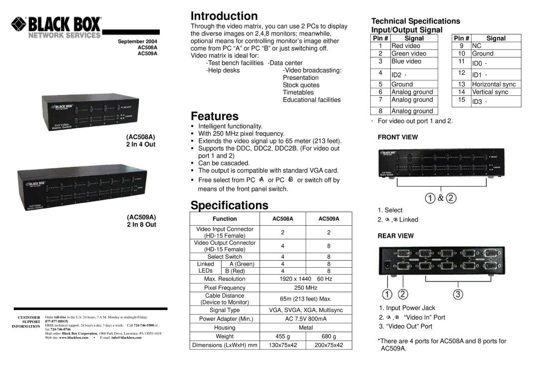 Black Box specifications Introduction, Features, Specifications, AC508A 2 In 4 Out AC509A 2 In 8 Out, Pin # Signal 