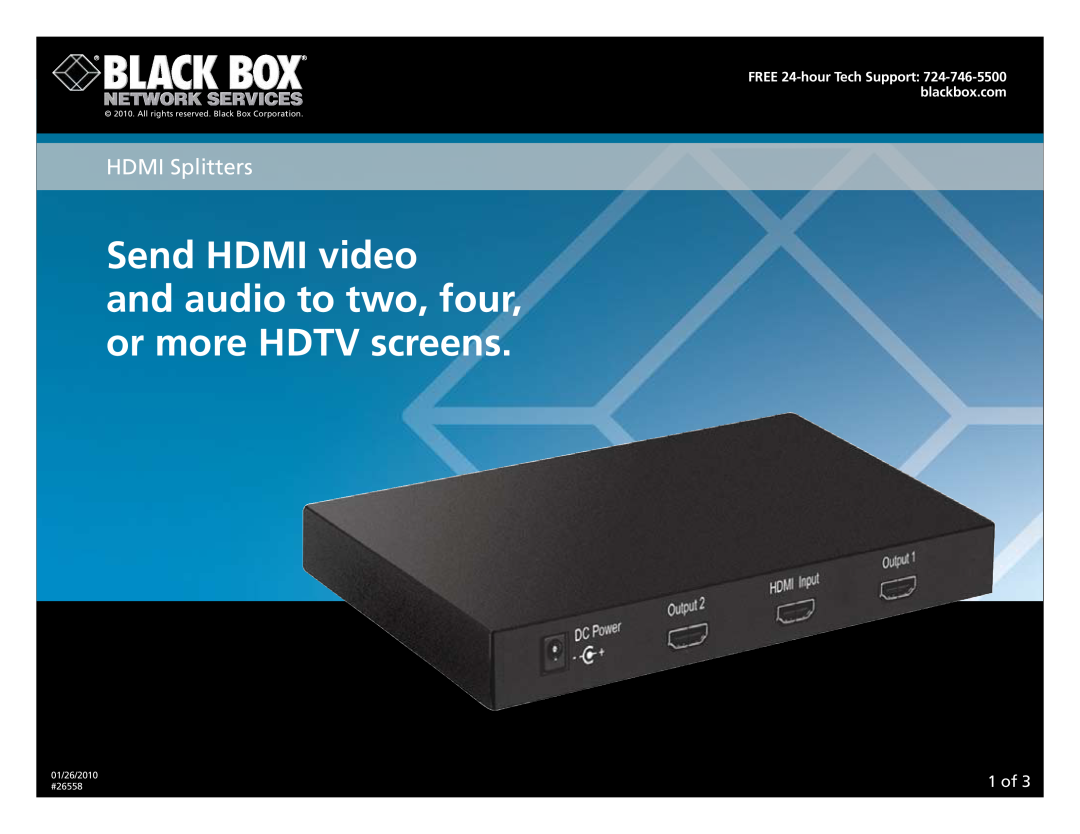 Black Box AC552A-2, AC552A-4 manual 1­ of, Send HDMI video, and audio to two, four, or more HDTV screens, HDMI Splitters 