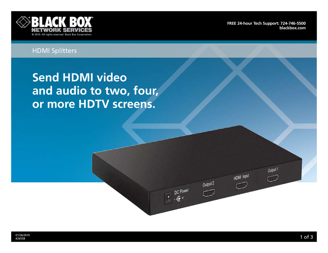 Black Box AC552A-2, AC552A-4, 26558 manual Send Hdmi video Audio to two, four, or more Hdtv screens 