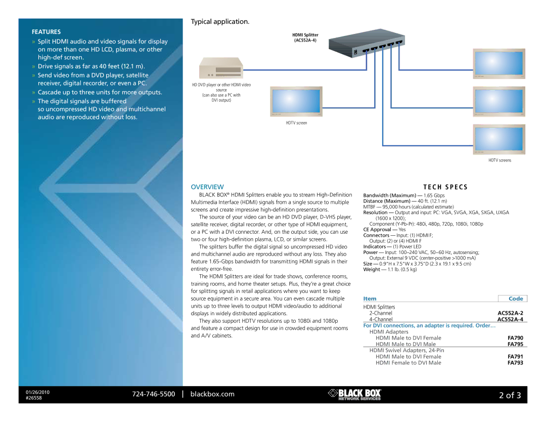 Black Box 26558, AC552A-4, AC552A-2 manual Typical application, Features 