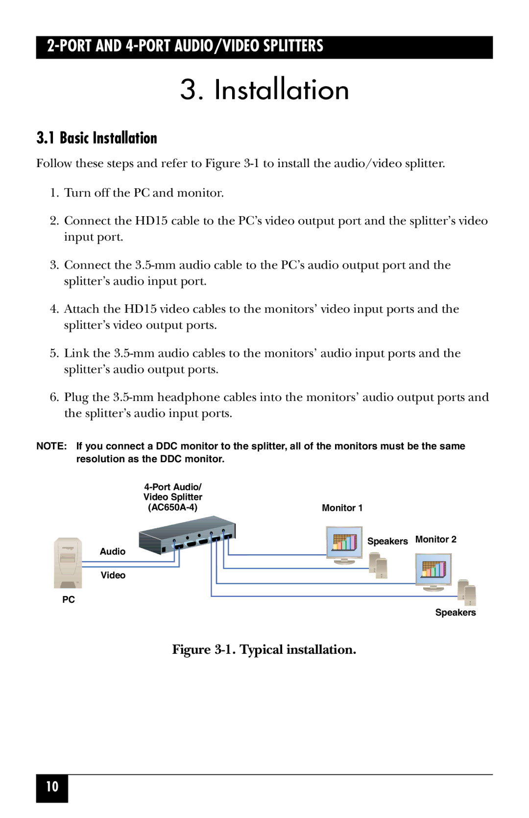 Black Box 2-Port and 4-Port Audio/Video Splitters, AC650A-2-EU, AC650A-2-UK, AC650A-4-UK manual Basic Installation 