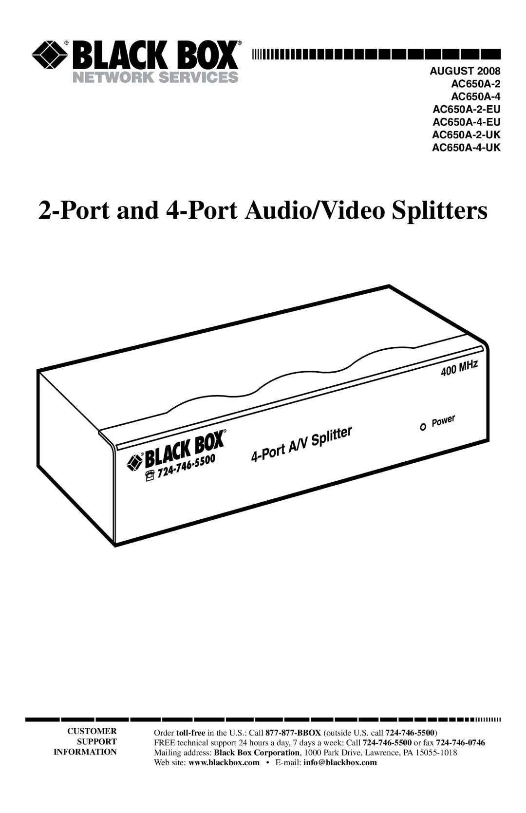 Black Box AC650A-2-UK, AC650A-2-EU, AC650A-4-UK, AC650A-4-EU manual Port and 4-Port Audio/Video Splitters 