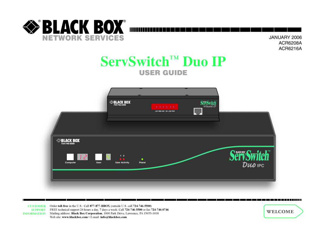 Black Box manual ServSwitch Duo IP, Network Services, User Guide, JANUARY 2006 ACR6208A ACR6216A, Black Box 