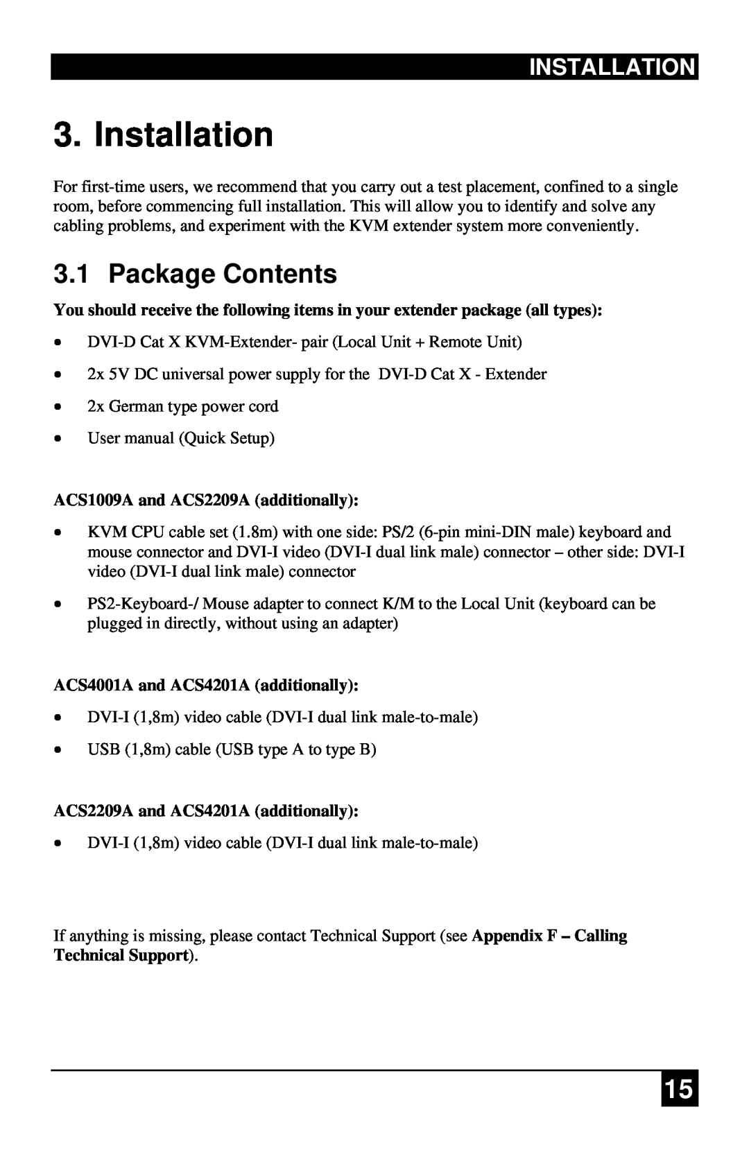 Black Box ACS4201A, ACS1009A manual Installation, Package Contents 