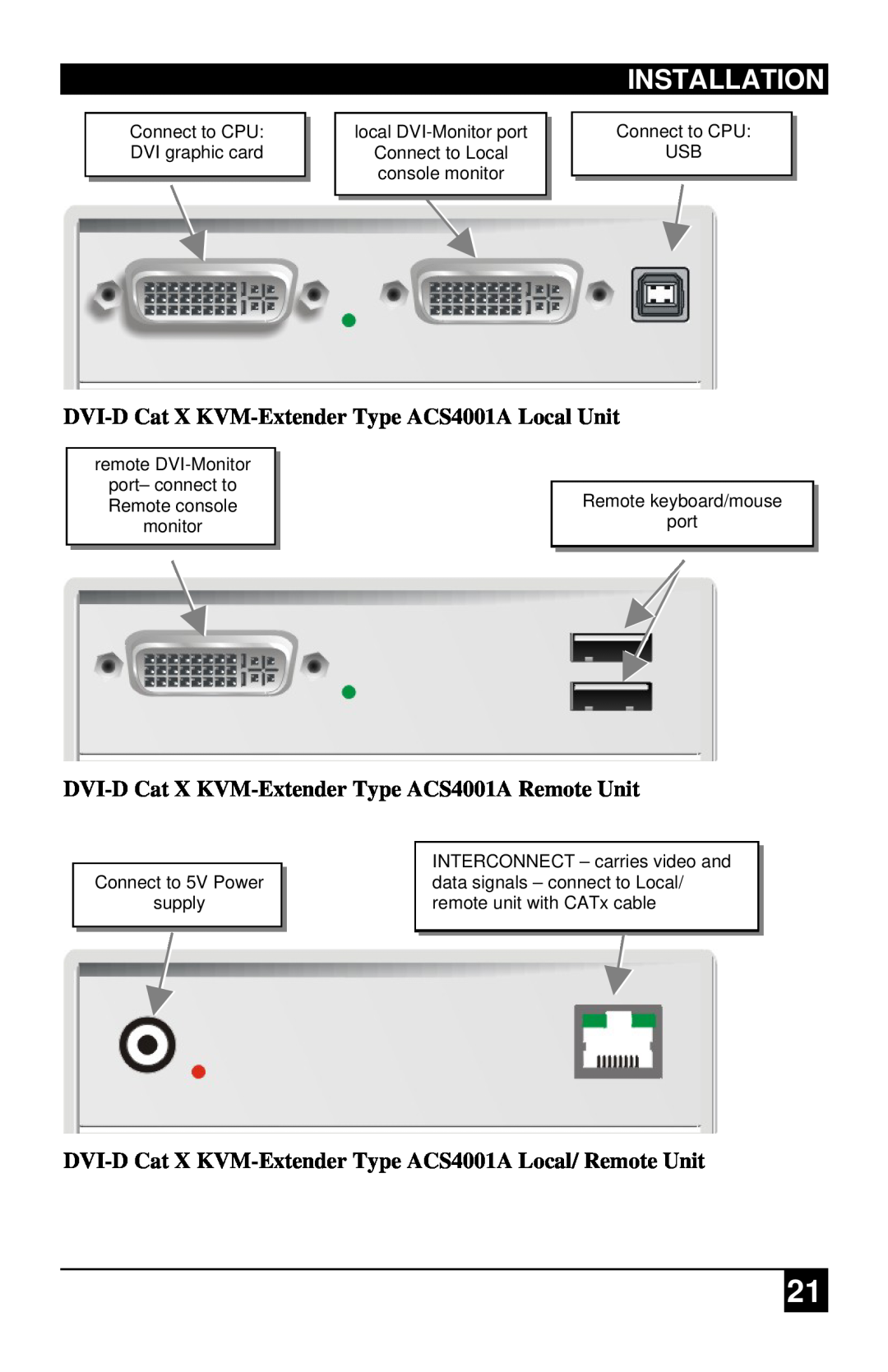 Black Box ACS4201A, ACS1009A manual Installation, DVI-DCat X KVM-ExtenderType ACS4001A Local Unit 
