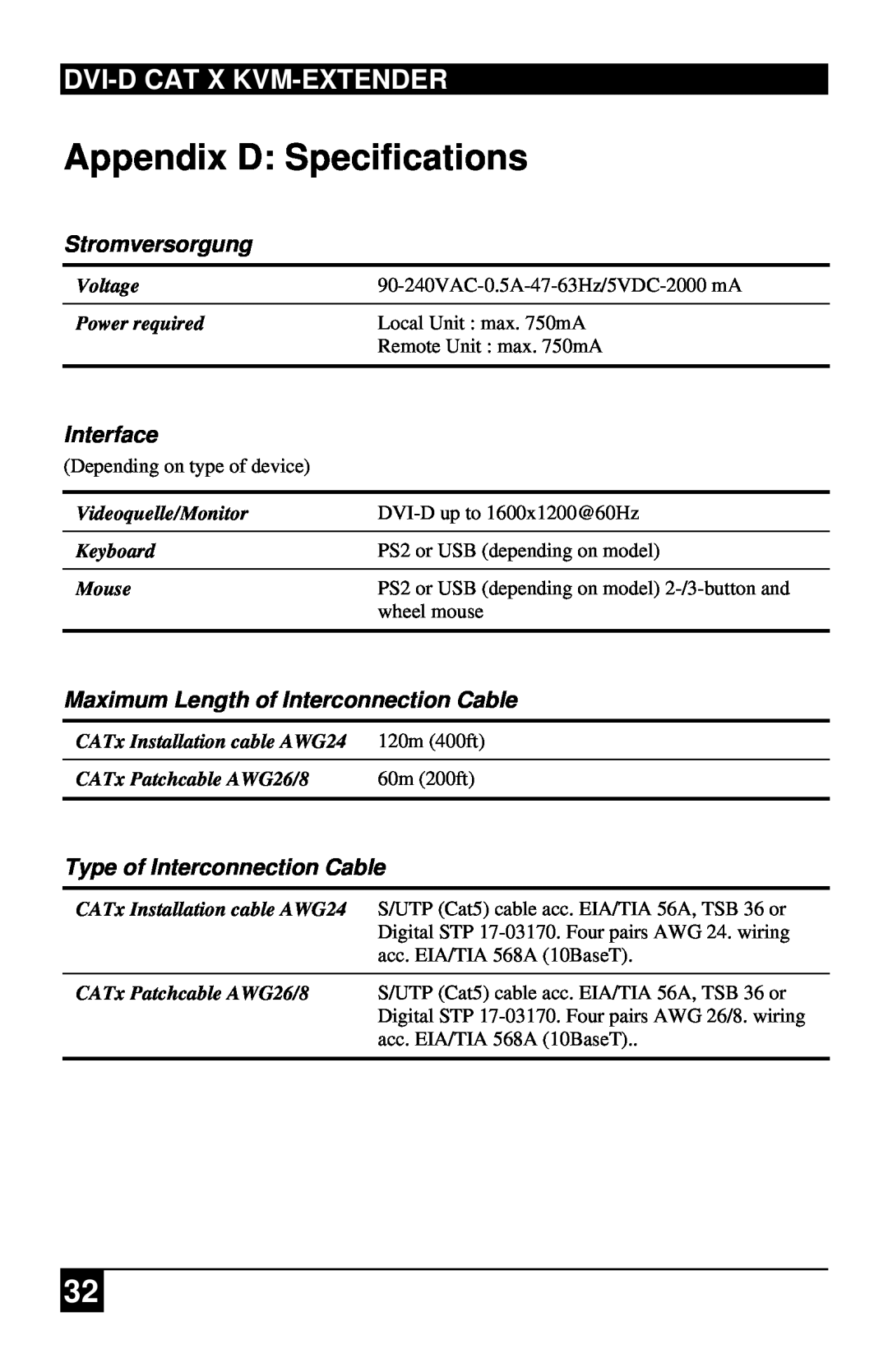 Black Box ACS1009A, ACS4201A manual Appendix D: Specifications, Dvi-Dcat X Kvm-Extender, Stromversorgung, Interface 