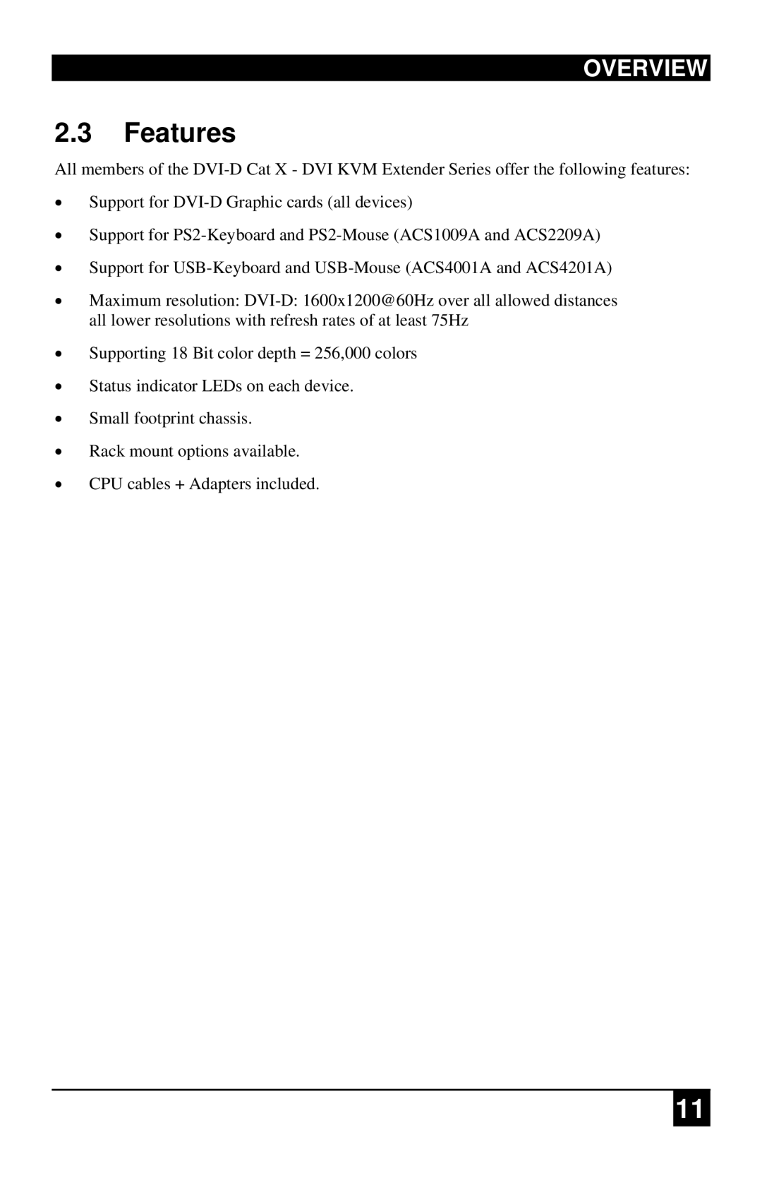 Black Box ACS4201A, ACS1009A manual Features 