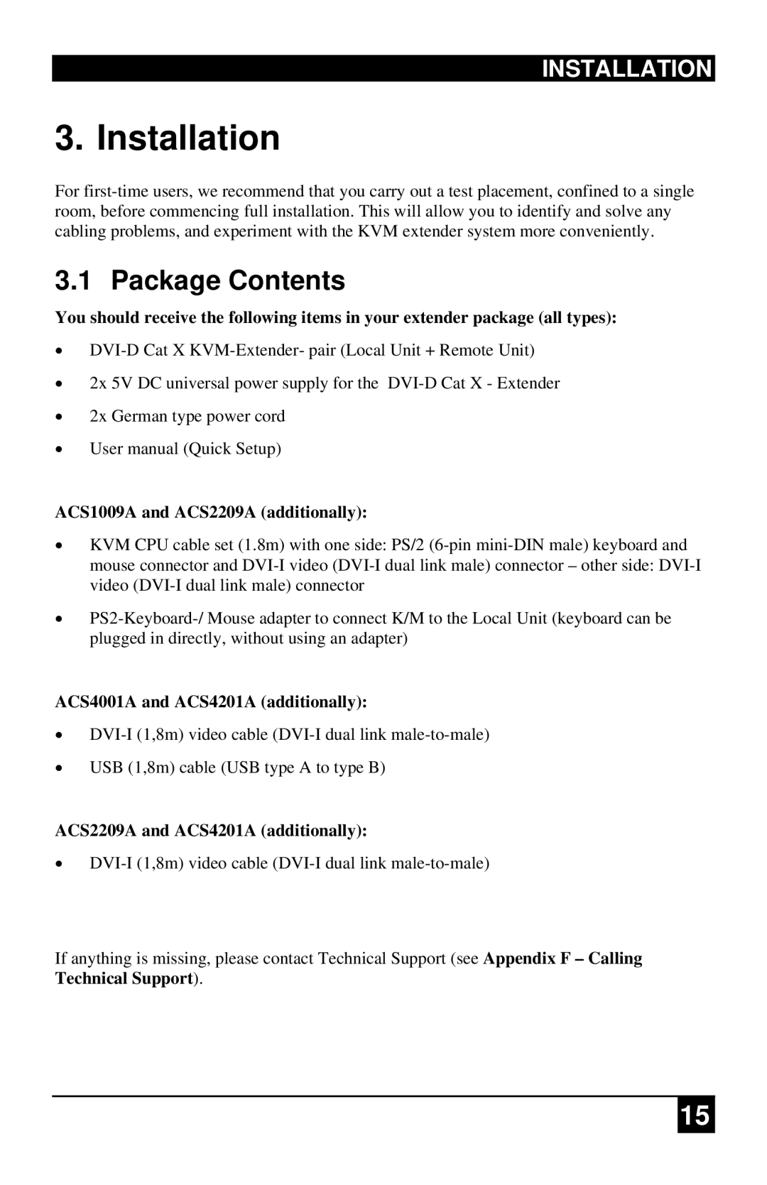 Black Box ACS4201A, ACS1009A manual Installation, Package Contents 