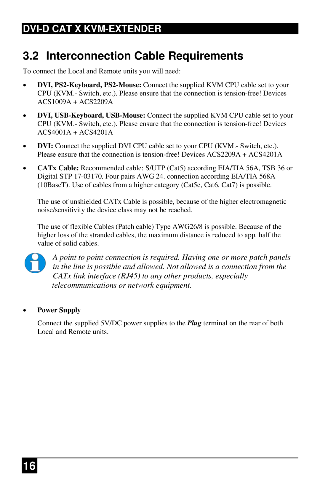 Black Box ACS1009A, ACS4201A manual Interconnection Cable Requirements, Power Supply 