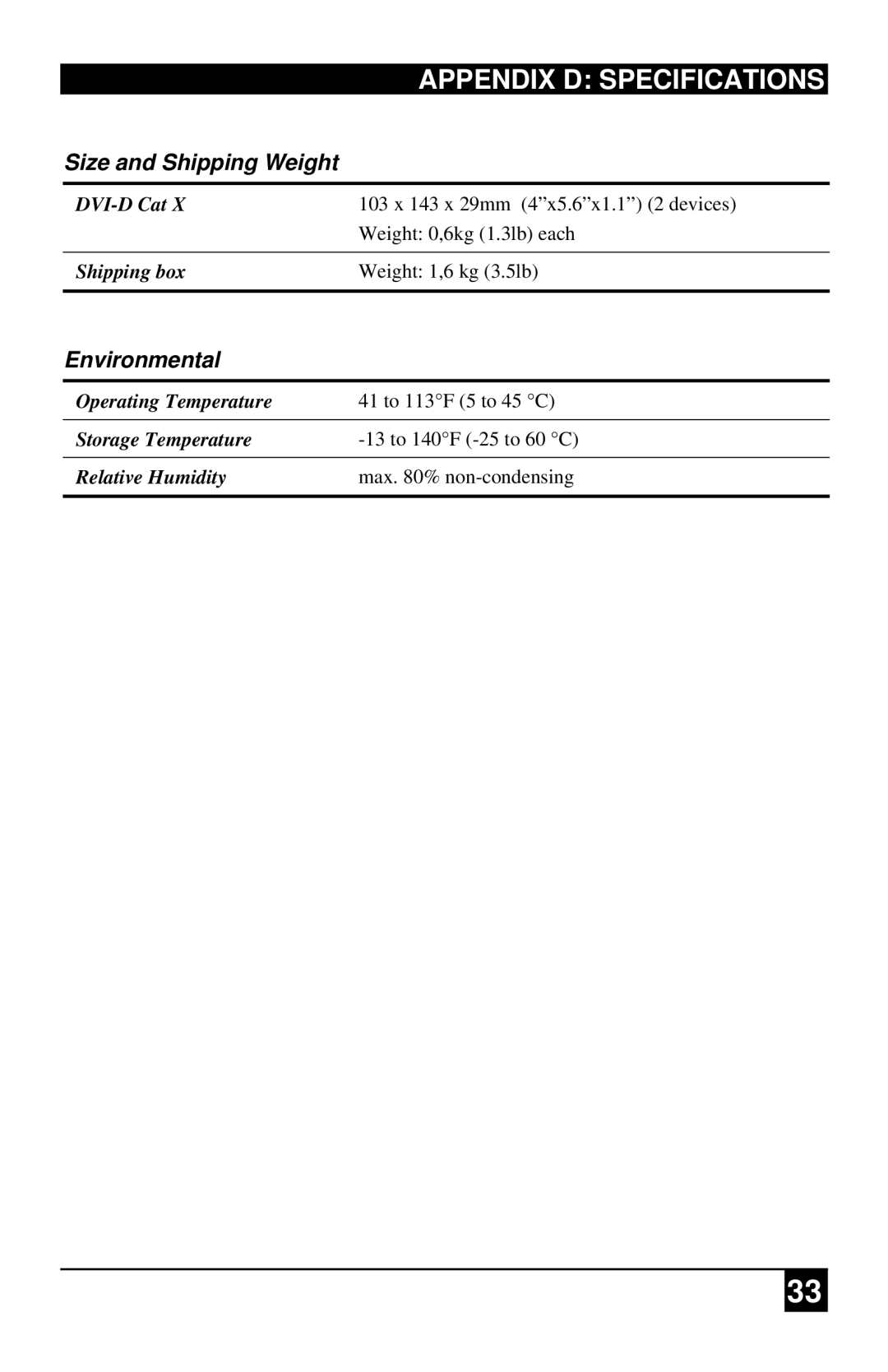 Black Box ACS4201A, ACS1009A manual DVI-D Cat, Shipping box, Operating Temperature, Storage Temperature, Relative Humidity 