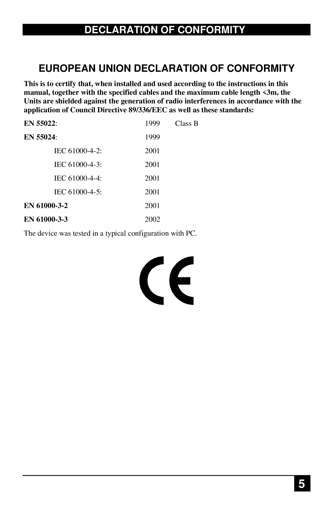 Black Box ACS4201A, ACS1009A manual Declaration of Conformity 