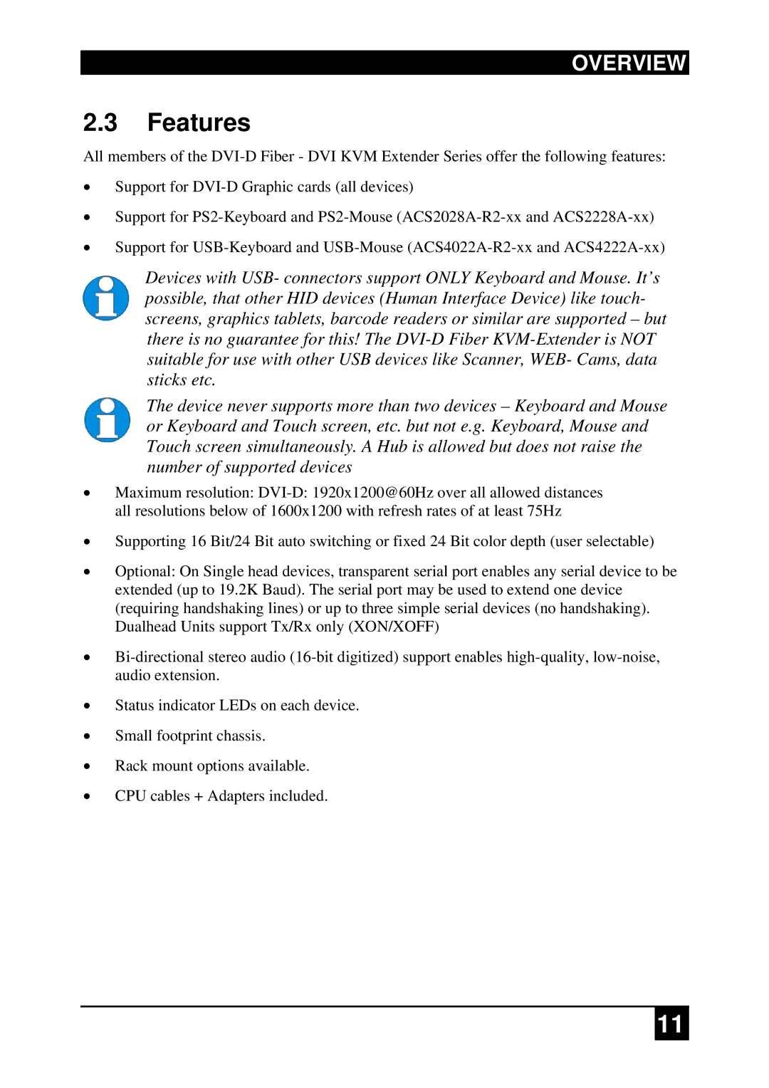 Black Box DVI-D-Fiber-KVM-Extender Single and DualHead, ACS2009A-R2-xx, ACS4222A-R2-xx manual Features 