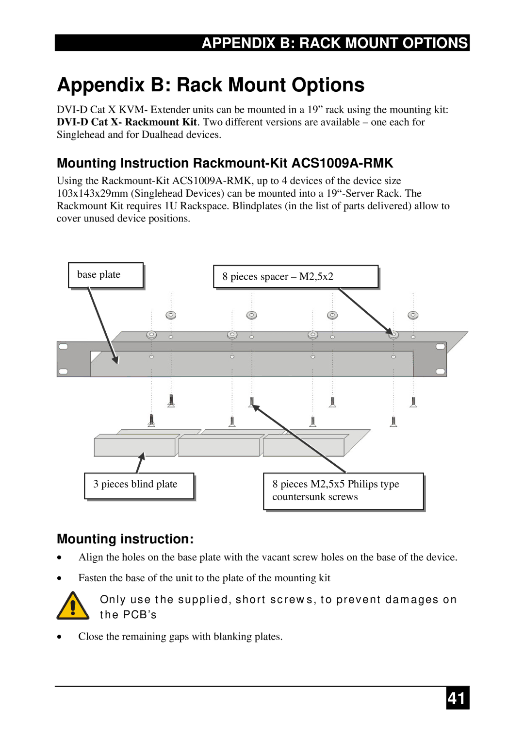 Black Box DVI-D-Fiber-KVM-Extender Single and DualHead, ACS2009A-R2-xx Mounting Instruction Rackmount-Kit ACS1009A-RMK 