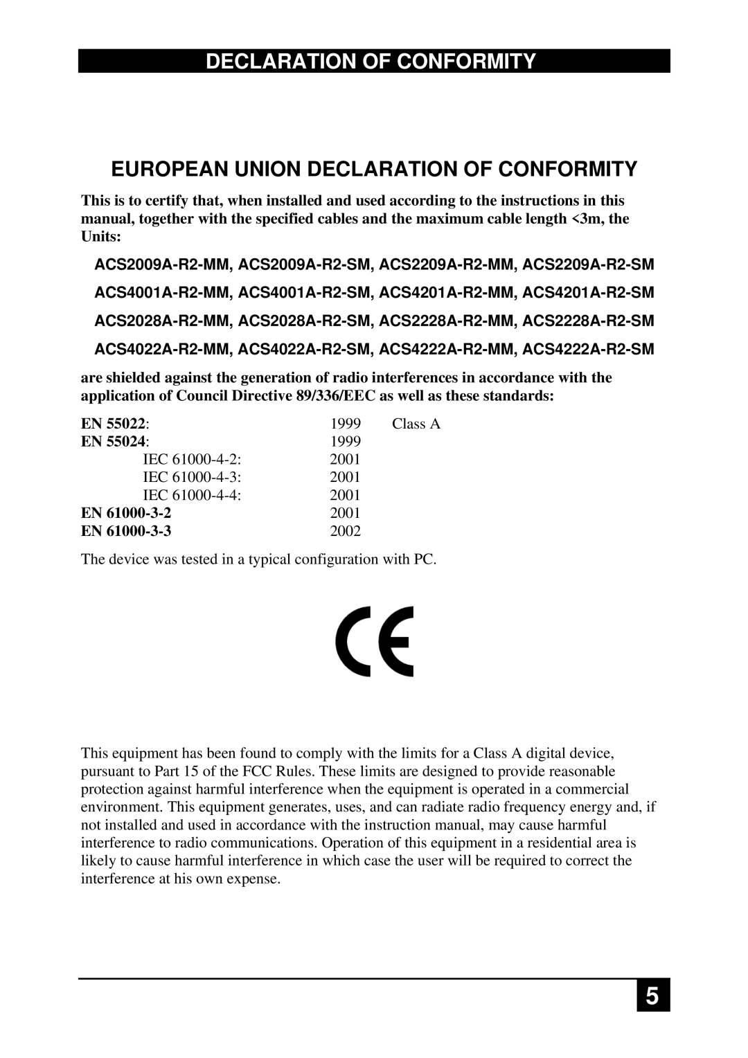 Black Box DVI-D-Fiber-KVM-Extender Single and DualHead, ACS2009A-R2-xx, ACS4222A-R2-xx manual Declaration of Conformity 