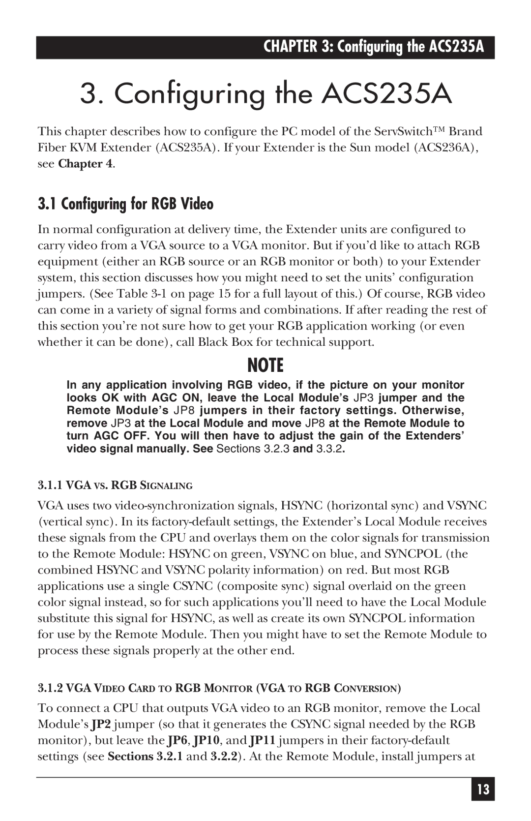 Black Box ACS236A manual Configuring the ACS235A, Configuring for RGB Video 