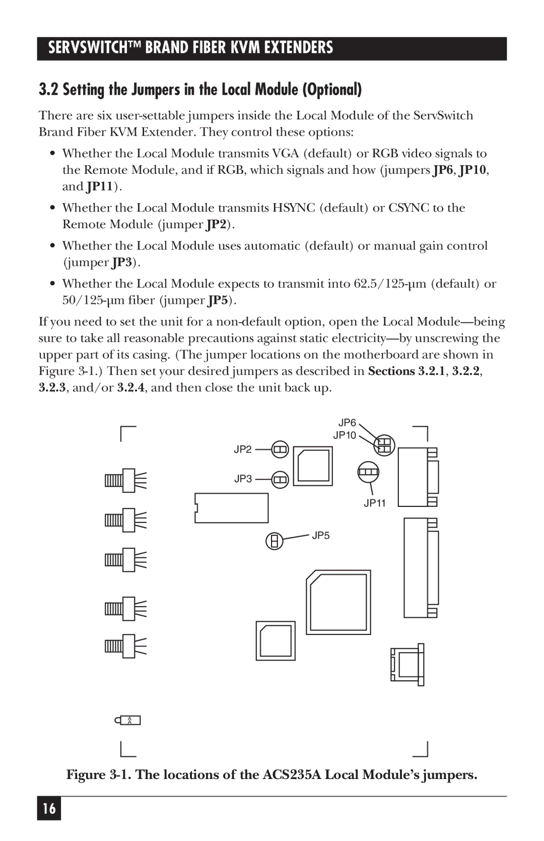 Black Box ACS236A manual Setting the Jumpers in the Local Module Optional, Locations of the ACS235A Local Module’s jumpers 