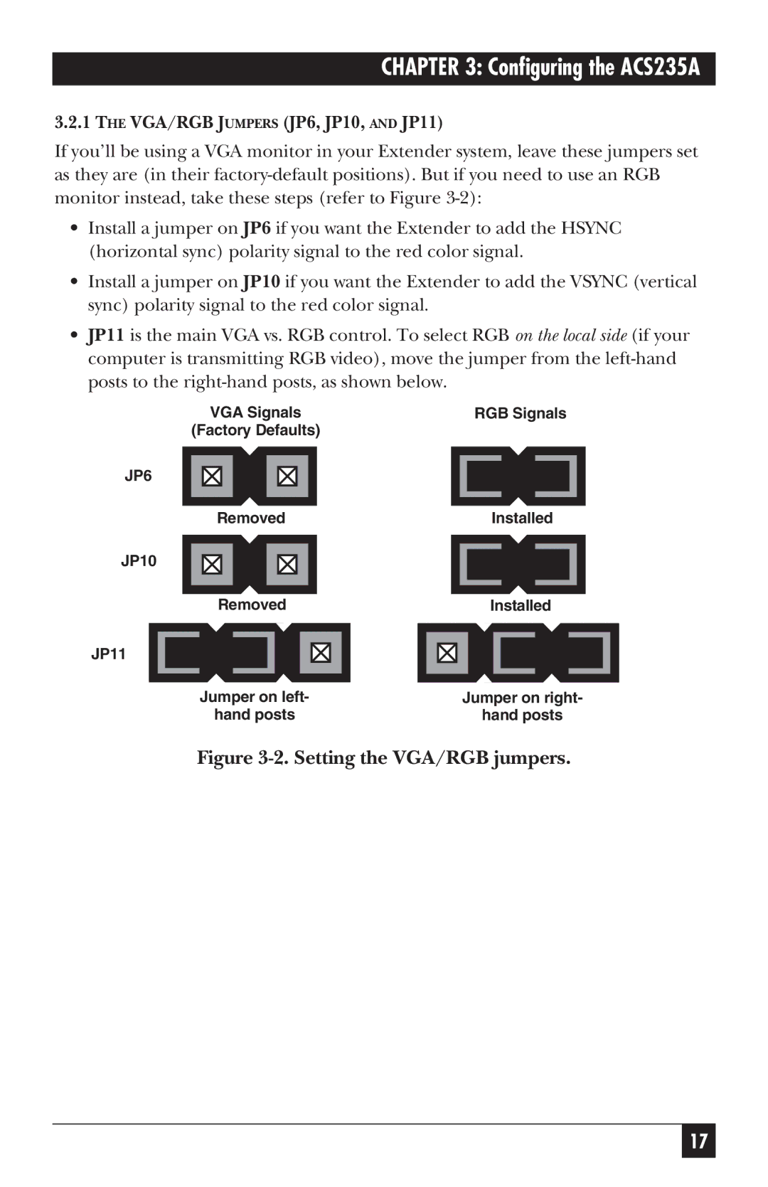 Black Box ACS235A, ACS236A manual Setting the VGA/RGB jumpers 