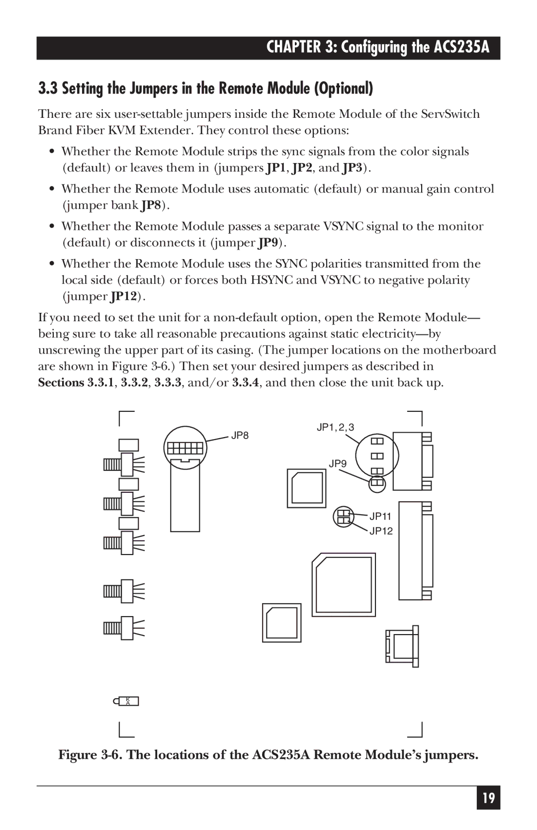 Black Box ACS236A Setting the Jumpers in the Remote Module Optional, Locations of the ACS235A Remote Module’s jumpers 