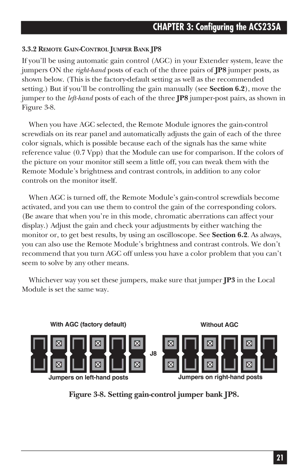 Black Box ACS235A, ACS236A manual Setting gain-control jumper bank JP8 
