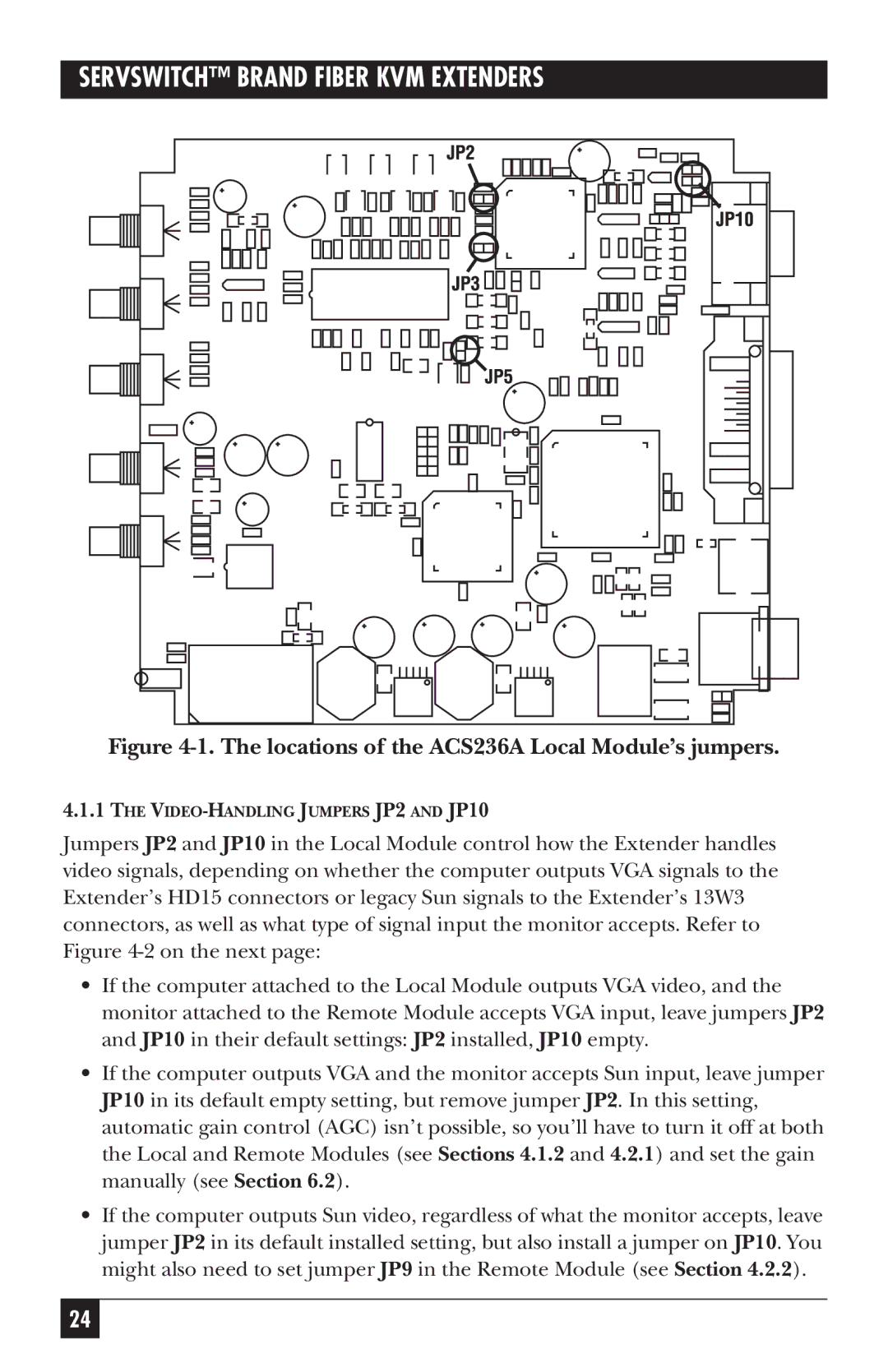 Black Box ACS235A manual Locations of the ACS236A Local Module’s jumpers 