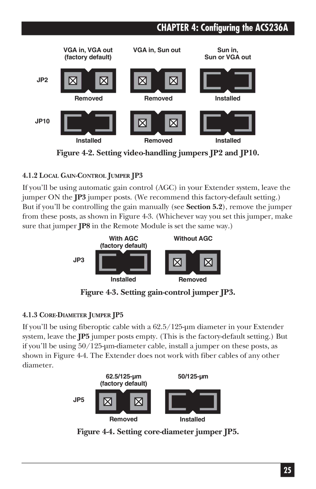 Black Box ACS235A, ACS236A manual Setting video-handling jumpers JP2 and JP10 