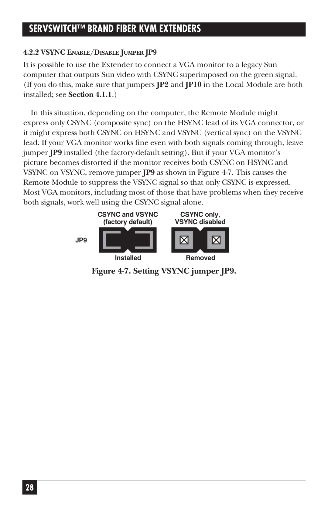 Black Box ACS236A, ACS235A manual Setting Vsync jumper JP9 