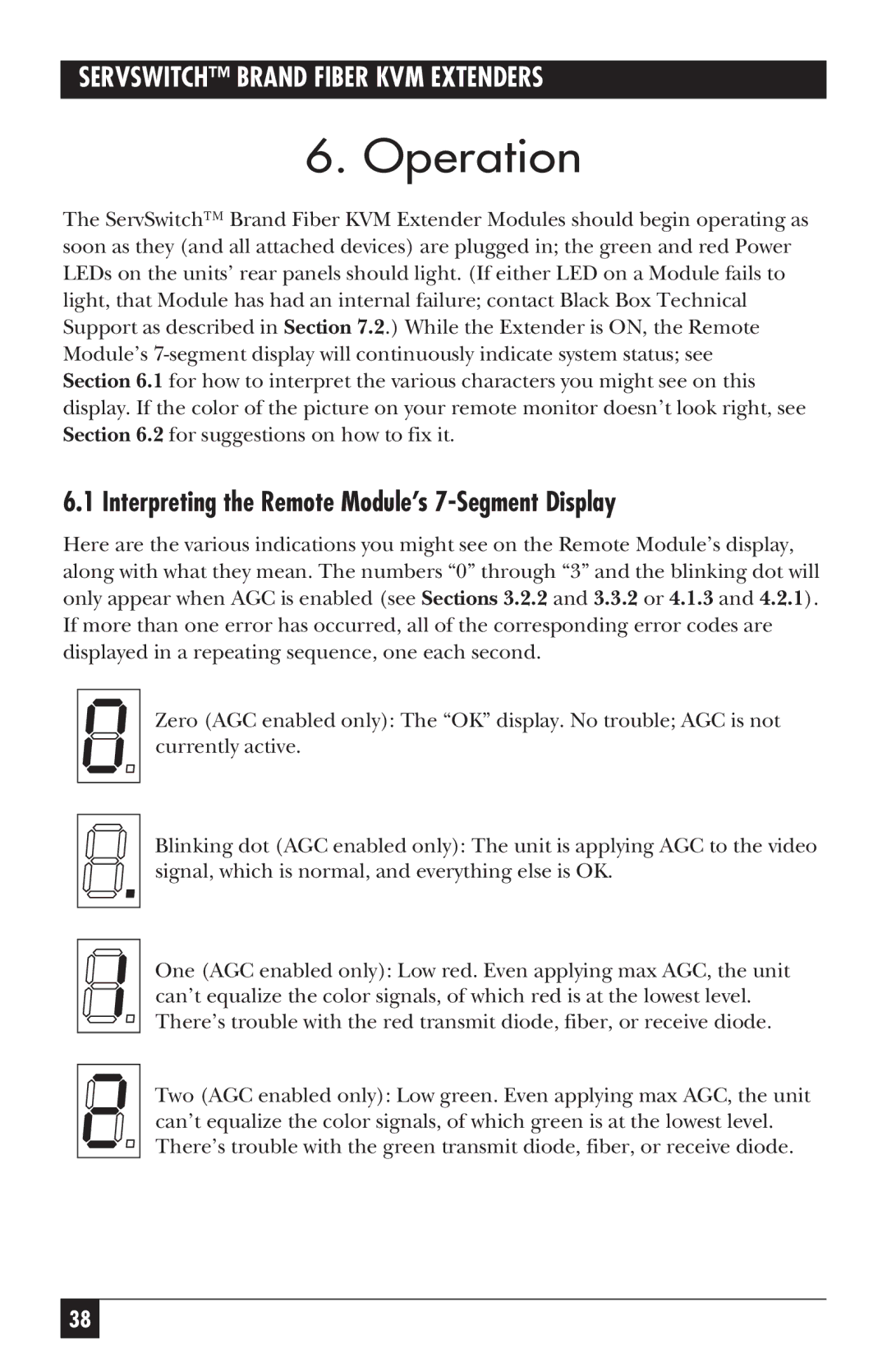 Black Box ACS236A, ACS235A manual Operation, Interpreting the Remote Module’s 7-Segment Display 