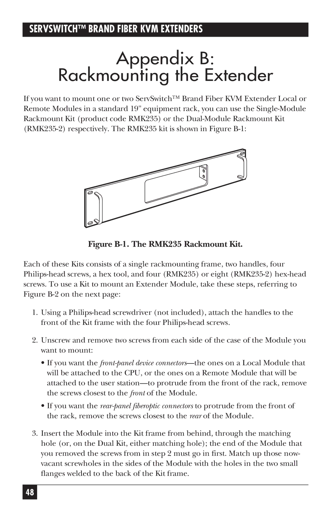 Black Box ACS236A, ACS235A manual Appendix B Rackmounting the Extender, Figure B-1. The RMK235 Rackmount Kit 