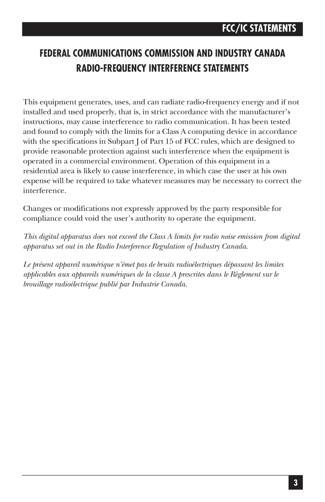 Black Box ACS235A, ACS236A manual RADIO-FREQUENCY Interference Statements 