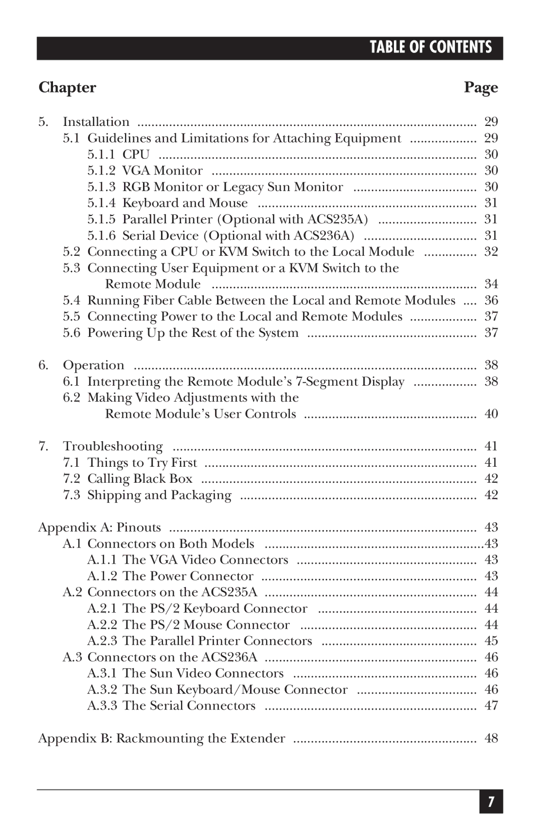 Black Box ACS235A, ACS236A manual Table of Contents 