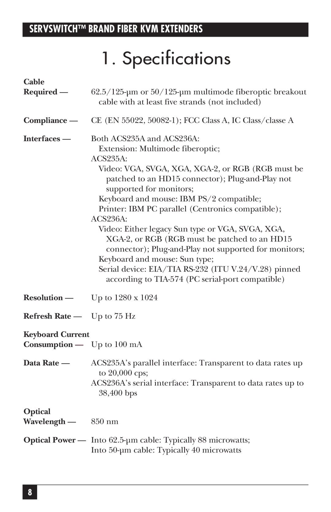 Black Box ACS236A, ACS235A manual Specifications 