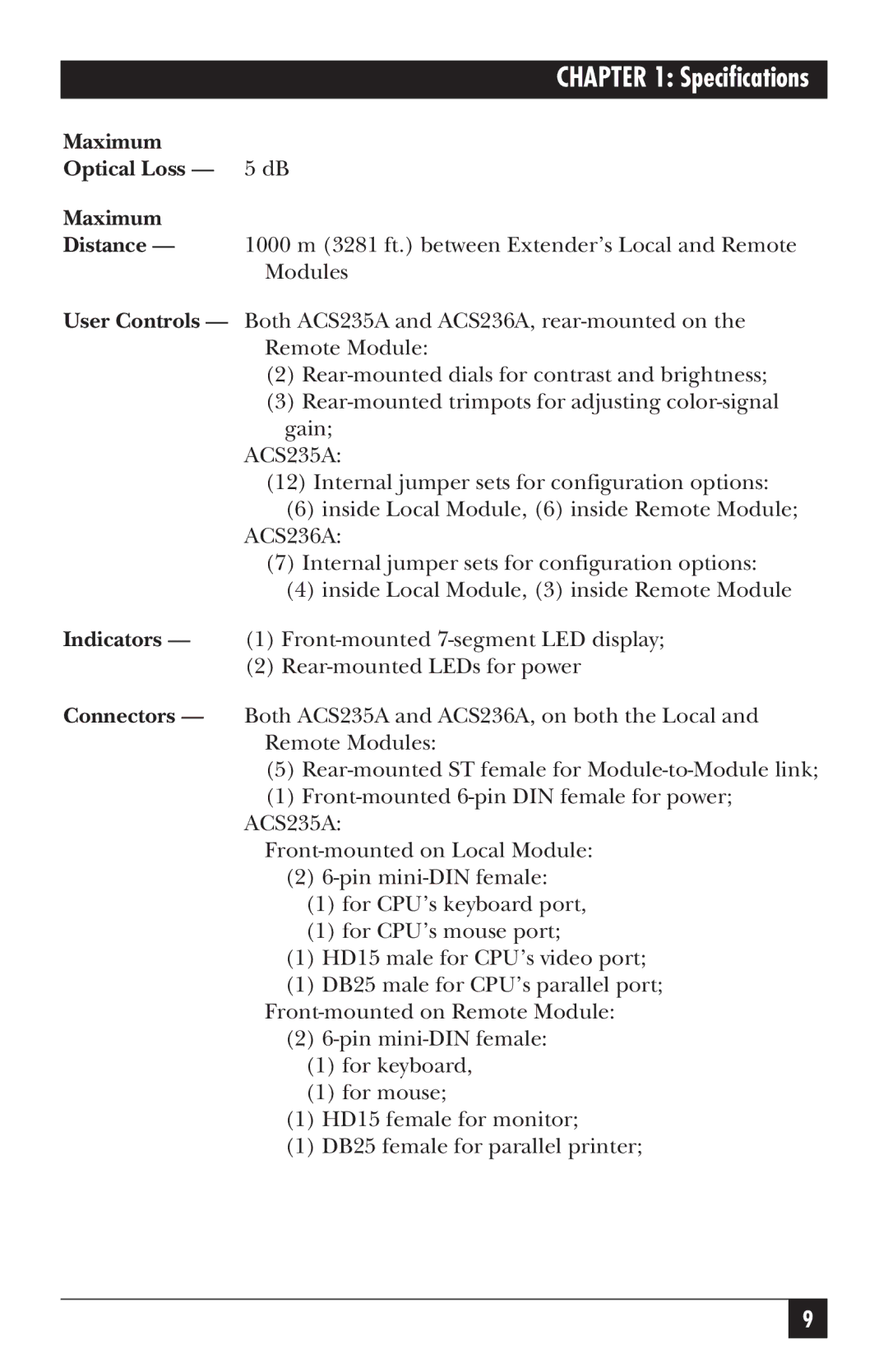 Black Box ACS235A, ACS236A manual Specifications 