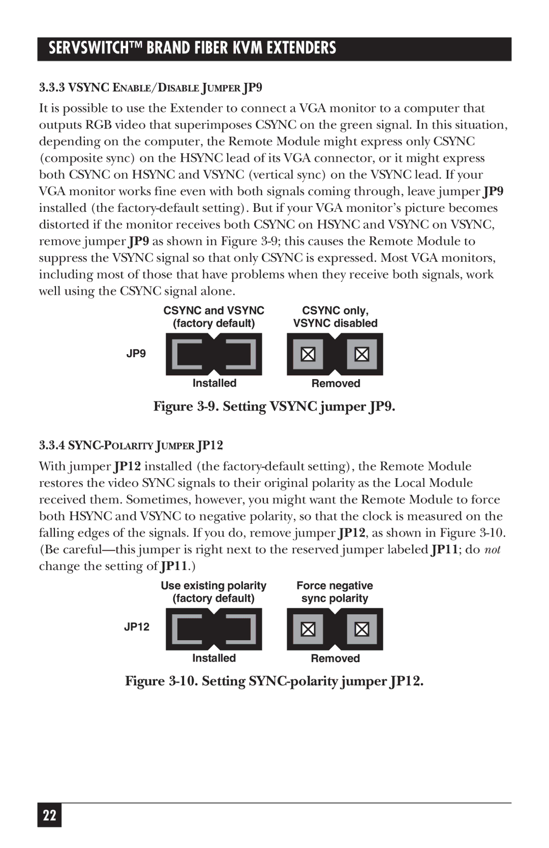 Black Box ACS236A, ACS235A manual Setting Vsync jumper JP9 