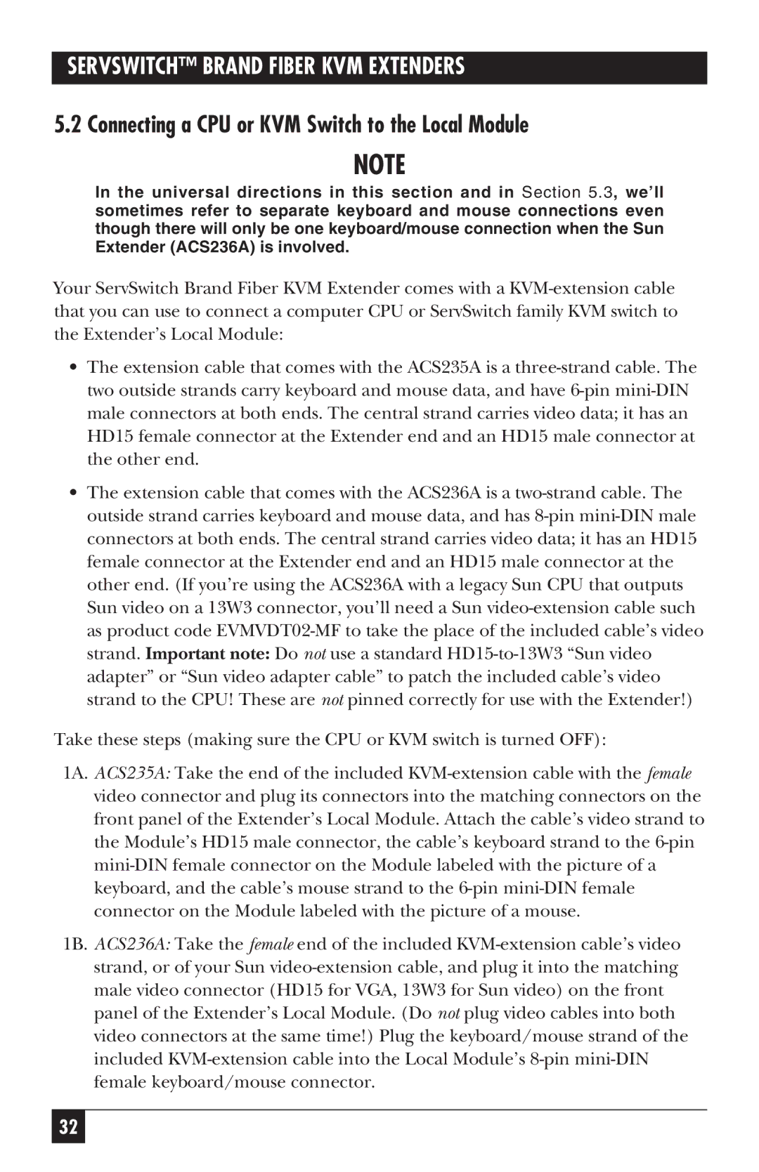 Black Box ACS236A, ACS235A manual Connecting a CPU or KVM Switch to the Local Module 