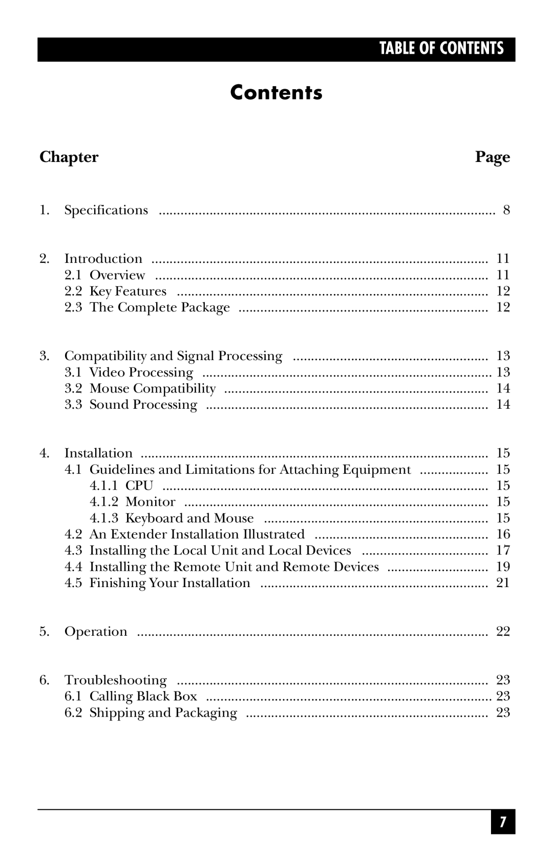 Black Box ACS250A, ACS251A manual Table Of Contents, Chapter, Page 