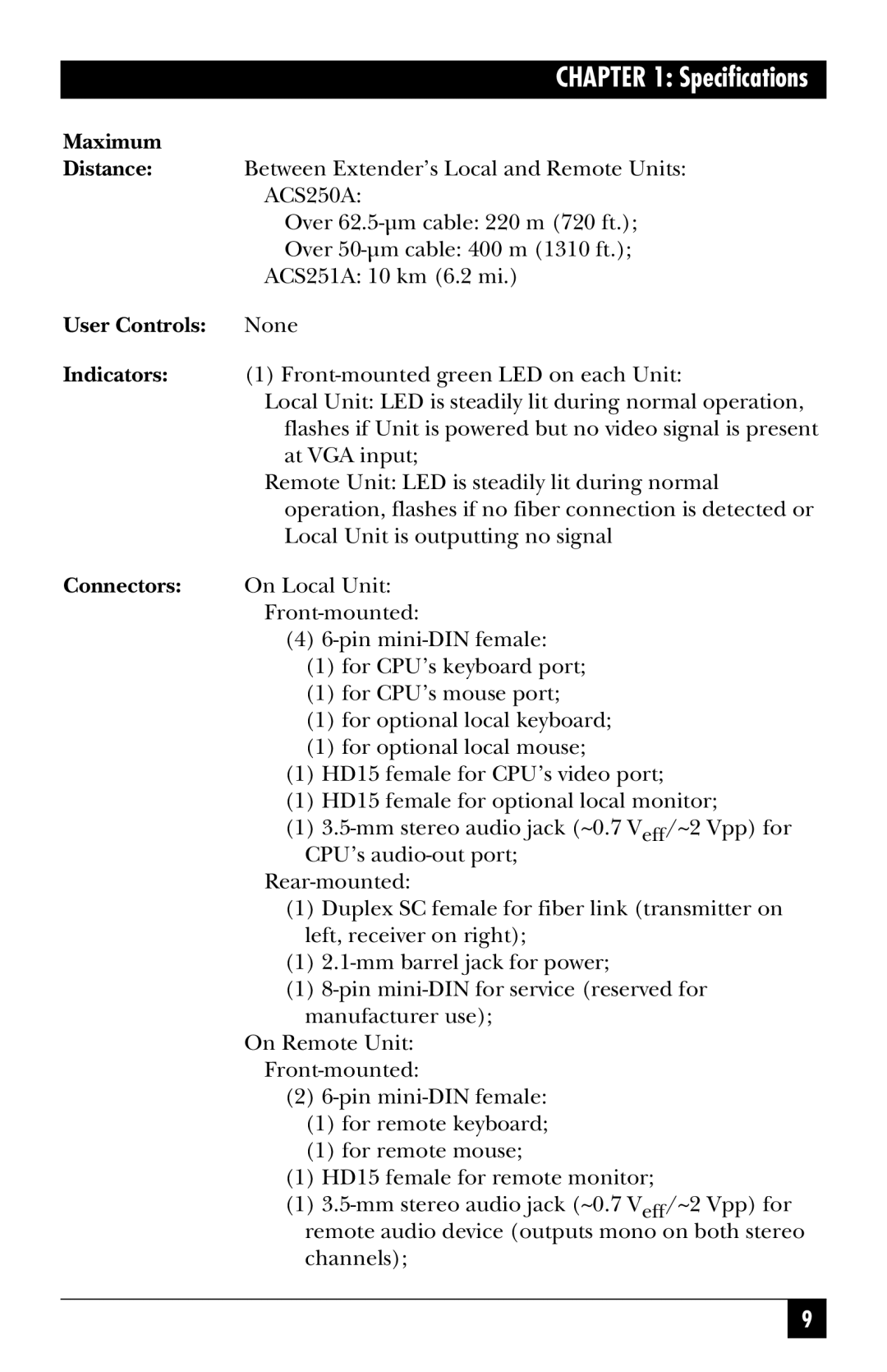 Black Box ACS250A, ACS251A manual Specifications 