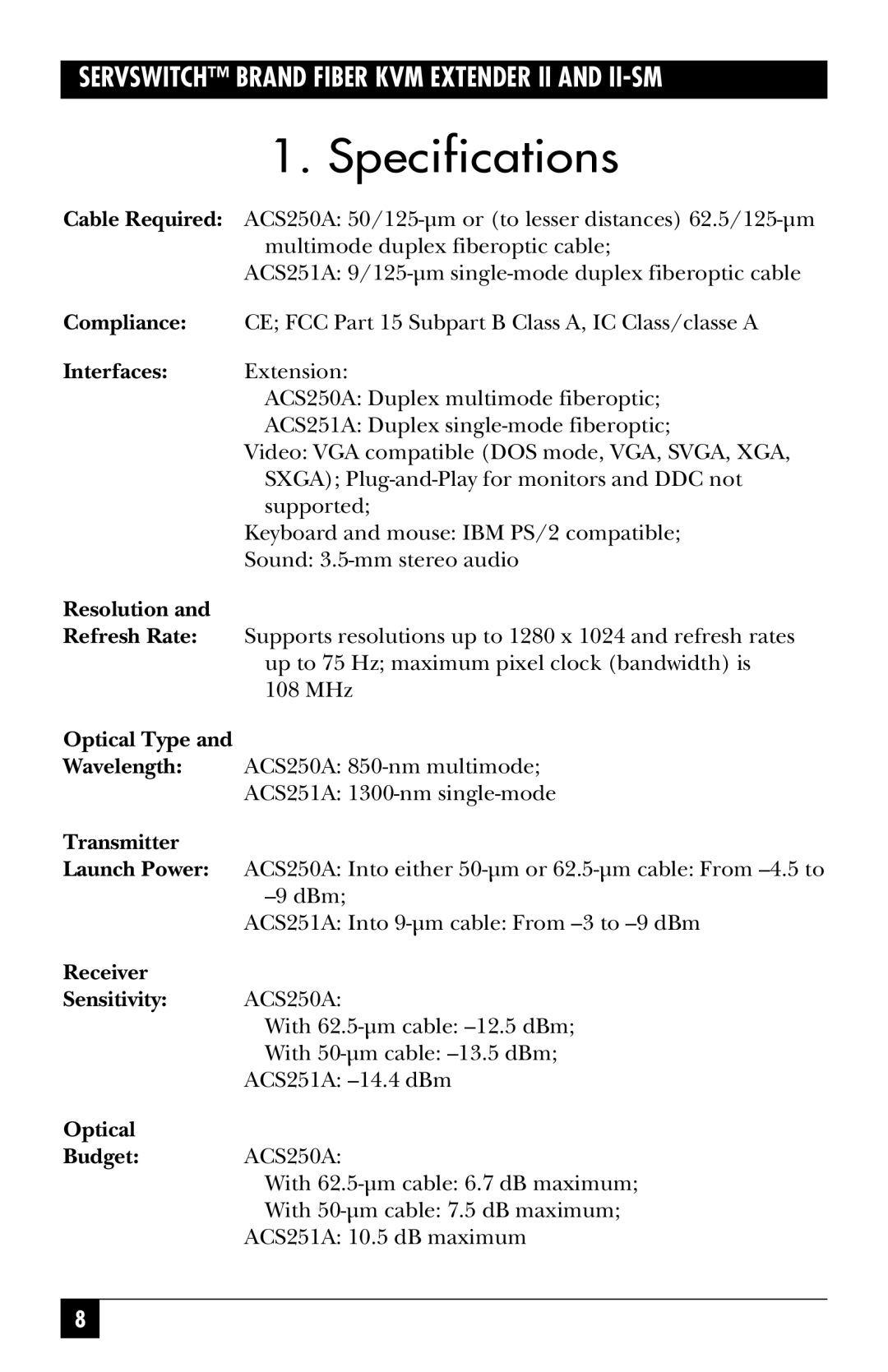 Black Box ACS251A, ACS250A manual Specifications, Interfaces Extension 