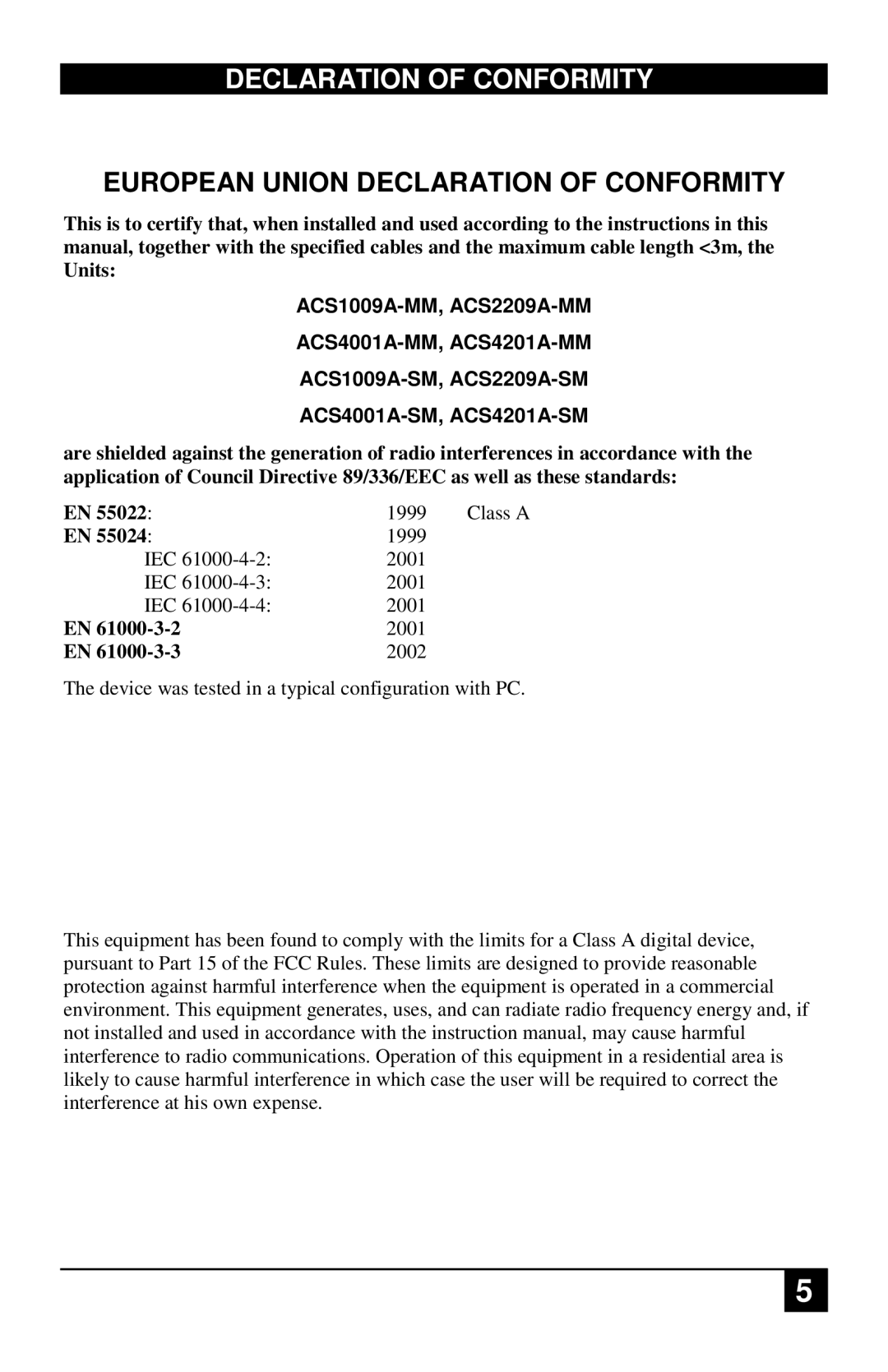 Black Box ACS2209A-xx, ACS4001A-xx, ACS4201A-xx, ACS1009A-xx manual Declaration of Conformity 