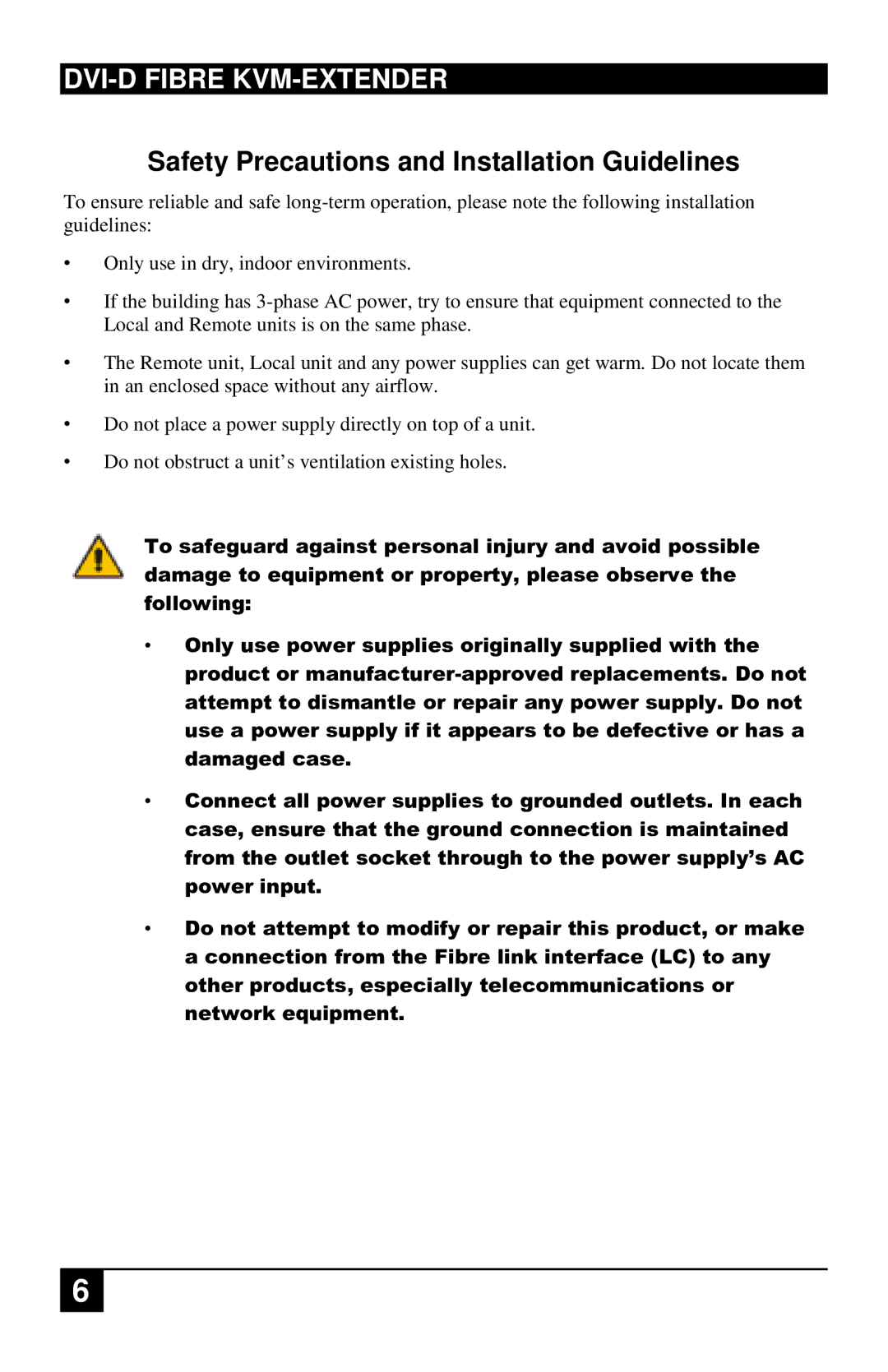 Black Box ACS4201A-xx, ACS4001A-xx, ACS2209A-xx, ACS1009A-xx manual Safety Precautions and Installation Guidelines 