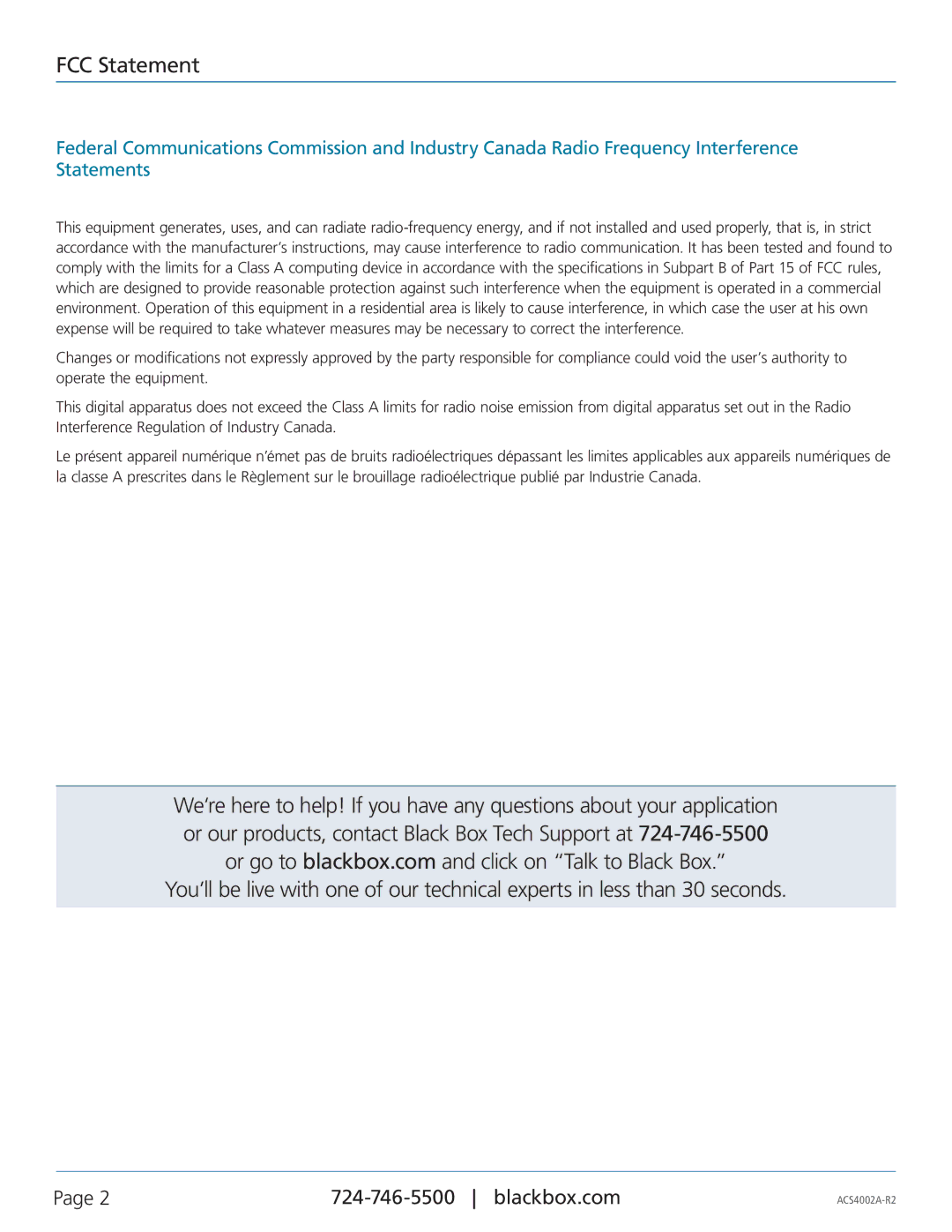 Black Box ACS4002A-R2-SM, ACS4002A-R2-MM, ACS4004A-R2-MM, ACS4011A-R2-MM, ACS4004A-R2-SM, ACS4011A-R2-SM manual FCC Statement 