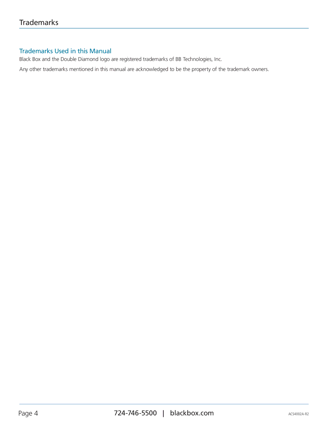 Black Box ACS4011A-R2-MM, ACS4002A-R2-MM, ACS4002A-R2-SM, ACS4004A-R2-MM, ACS4004A-R2-SM Trademarks Used in this Manual 