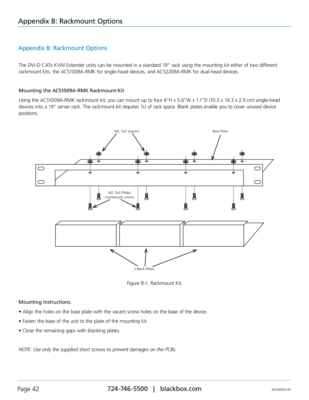 Black Box ACS4002A-R2-SM, ACS4002A-R2-MM, ACS4004A-R2-MM, ACS4011A-R2-MM, ACS4004A-R2-SM manual Appendix B Rackmount Options 