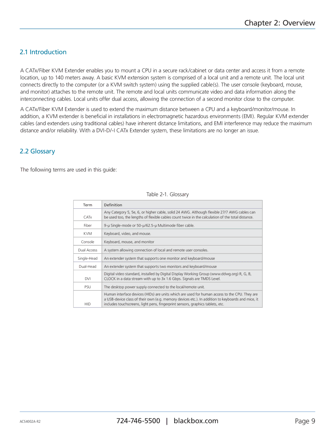 Black Box dvi-d catx/fiver kvm extenders, ACS4011A-R2, ACS4002A-R2-MM, ACS4002A-R2-SM, ACS4004A-R2-MM Introduction, Glossary 