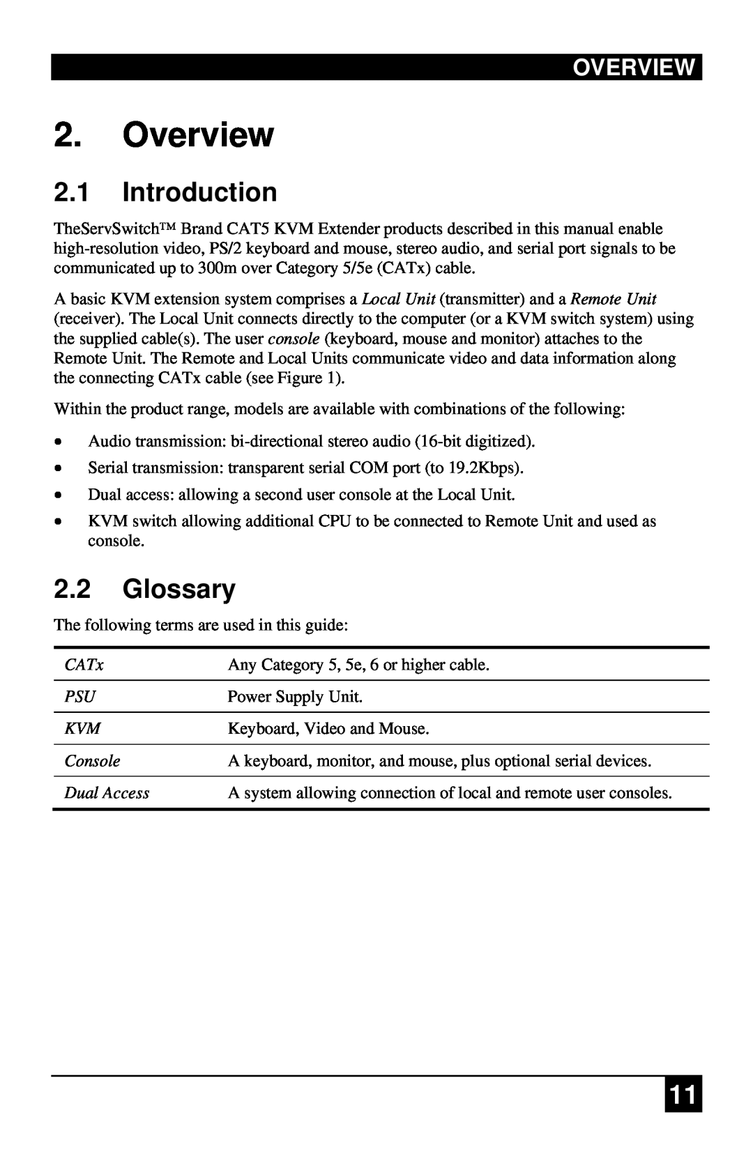 Black Box ACU1022A manual Overview, Introduction, Glossary, CATx, Any Category 5, 5e, 6 or higher cable, Power Supply Unit 